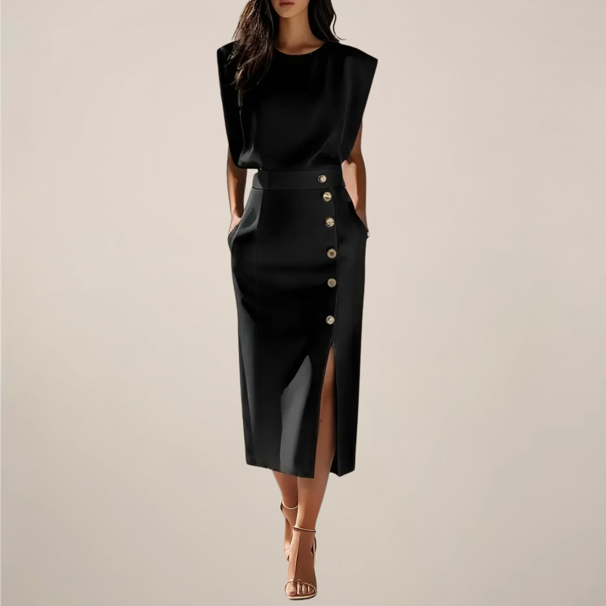 Women’s midi dress with button details and side slit
