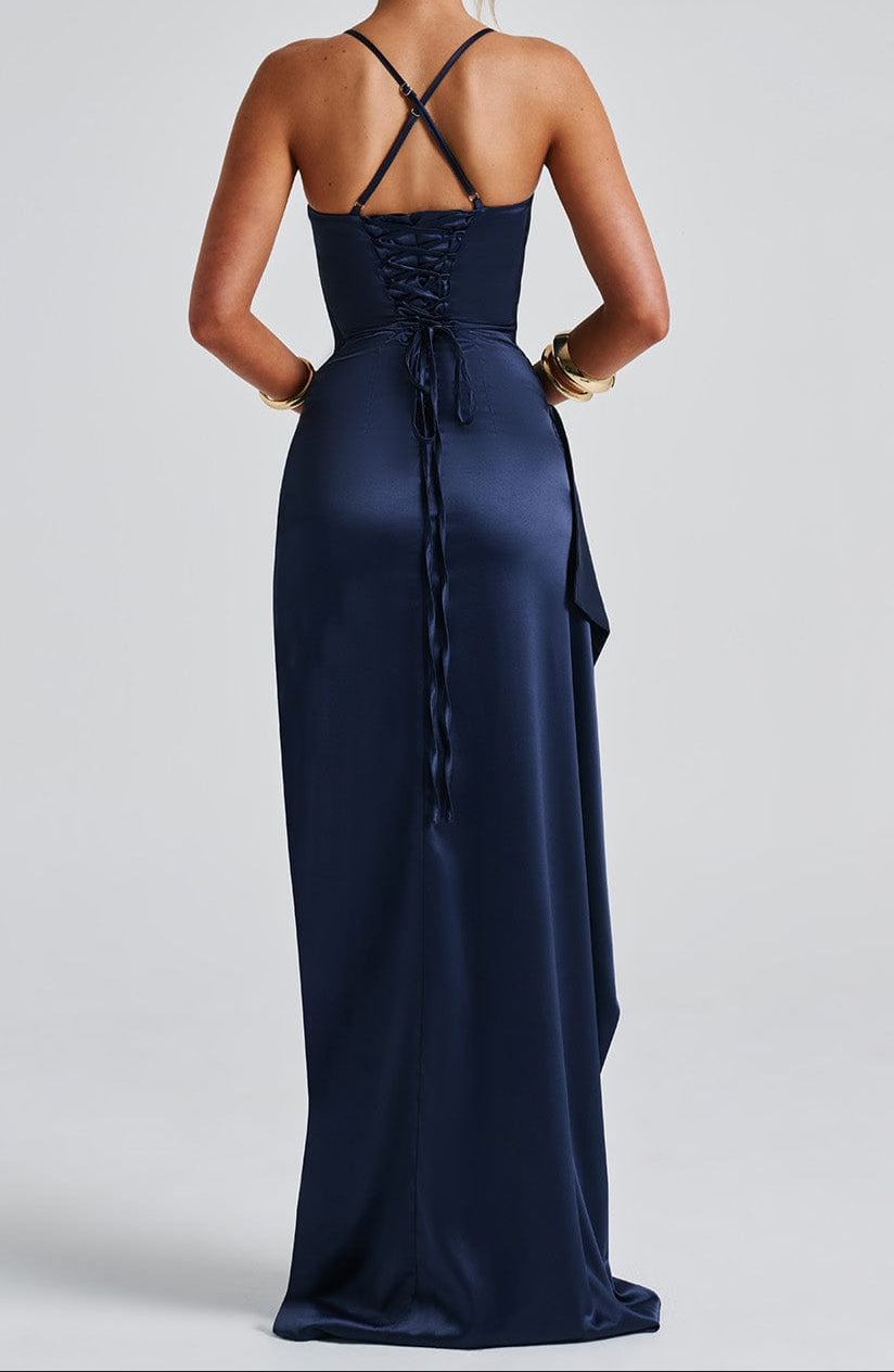 Navy blue women's evening maxi dress with spaghetti straps and high slit