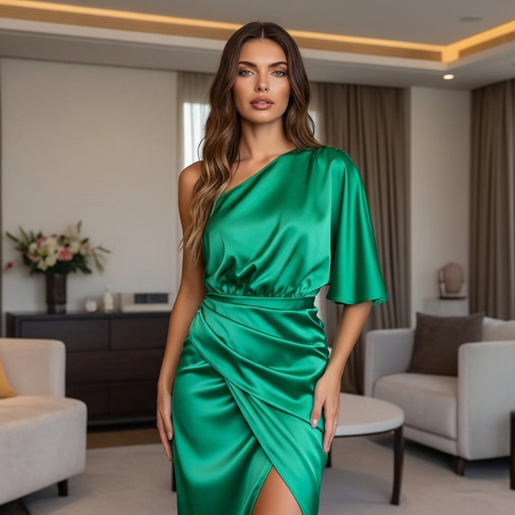Women’s One Shoulder Satin Mini Dress Wrap Style