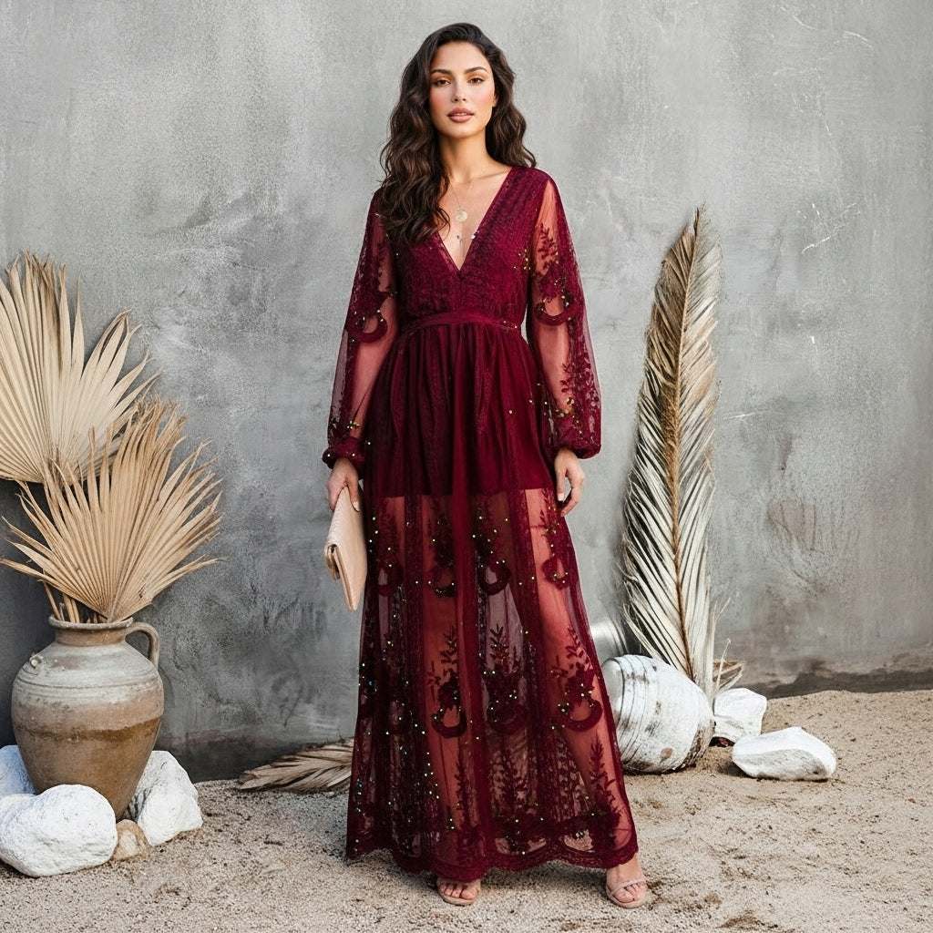 Women’s Lace Maxi Dress Sheer Floral Deep V-Neck