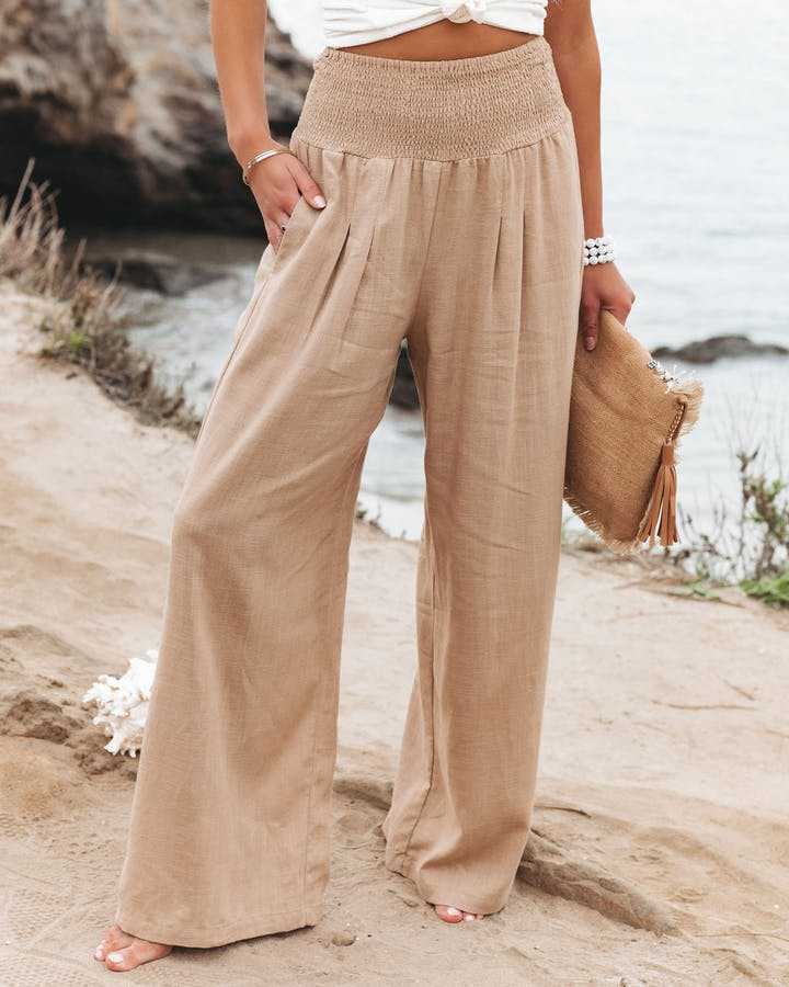 Women’s wide-leg trousers with smocked waist in stretch fabric