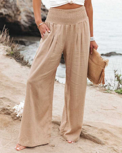 Women’s wide-leg trousers with smocked waist in stretch fabric
