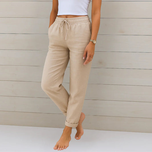 Women’s slim fit linen stretch trousers in beige