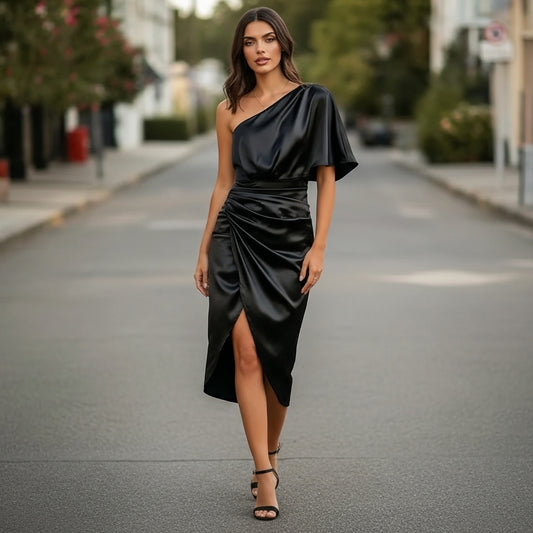 Women’s One Shoulder Satin Mini Dress Wrap Style