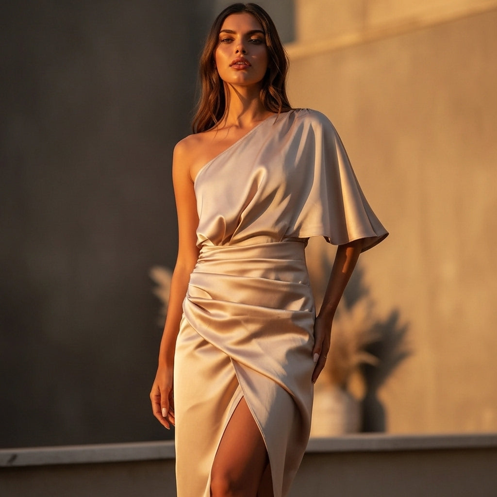 Women’s One Shoulder Satin Mini Dress Wrap Style