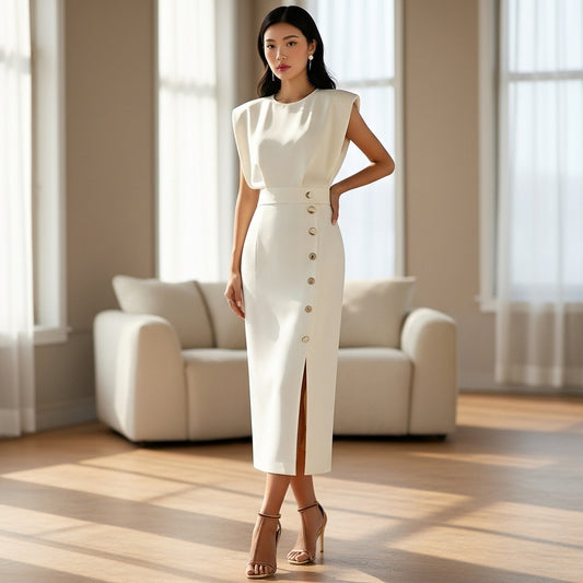 Women’s Midi Dress Button Detail Side Slit