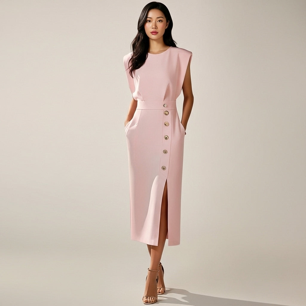 Women’s Midi Dress Button Detail Side Slit