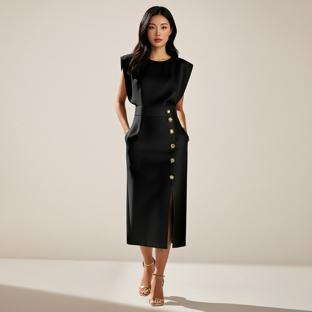 Women’s Midi Dress Button Detail Side Slit