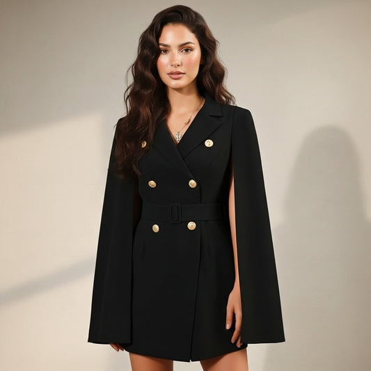 Women’s Cape Blazer Mini Dress With Belt And Gold Buttons