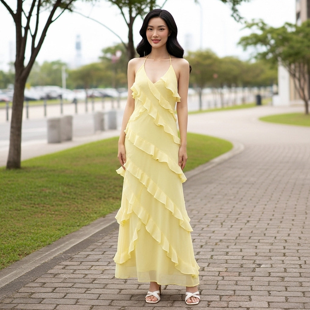 Women’s Maxi Dress Halter Neck Tiered Ruffle Layers