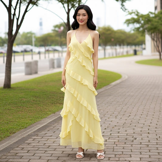 Women’s Maxi Dress Halter Neck Tiered Ruffle Layers