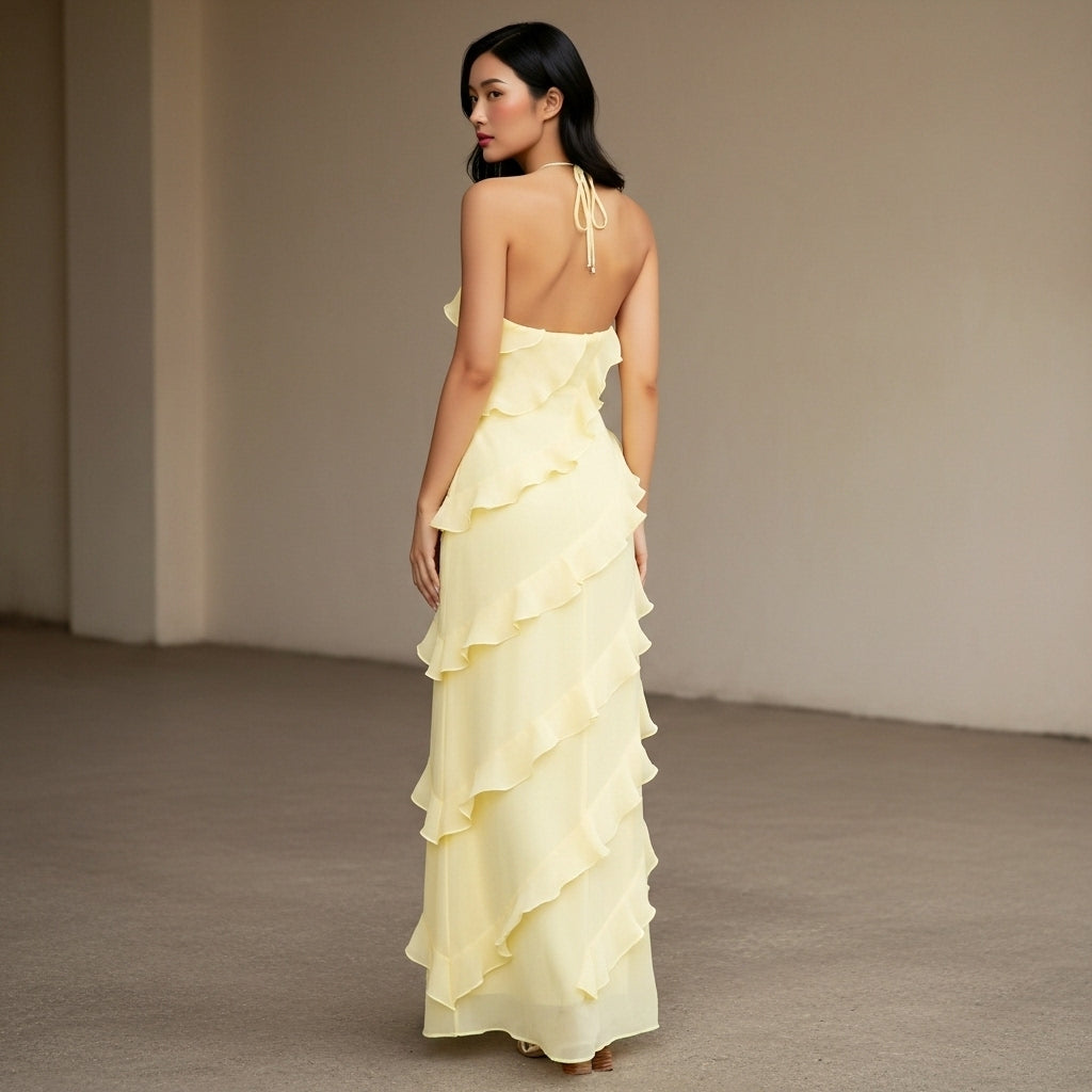Women’s Maxi Dress Halter Neck Tiered Ruffle Layers