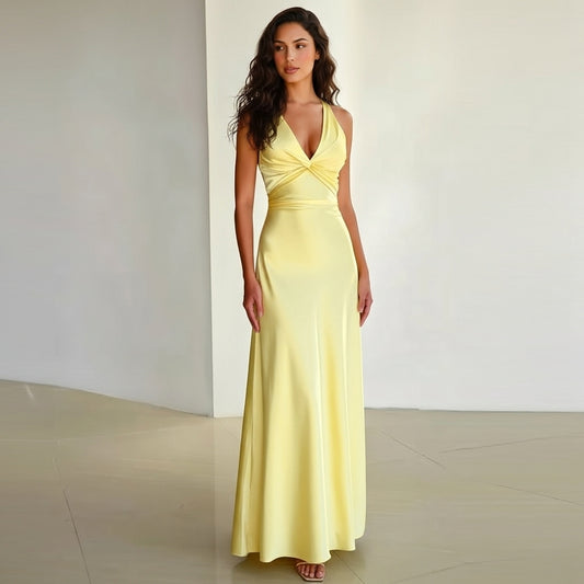 Women’s Satin Halter Neck Maxi Dress Ruched Backless Evening Gown