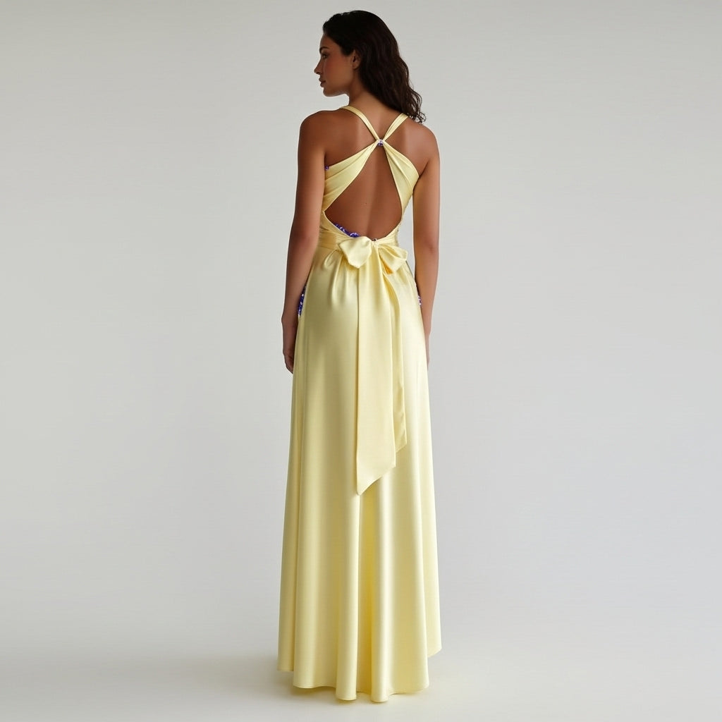 Women’s Satin Halter Neck Maxi Dress Ruched Backless Evening Gown