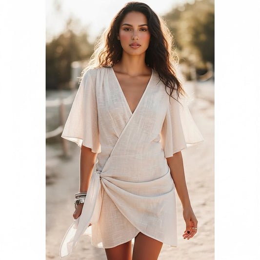 Women’s Linen Wrap Mini Dress Asymmetrical Hem