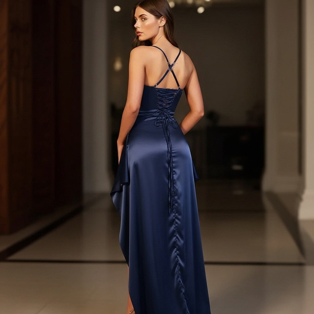 Women’s Evening Maxi Dress Navy Blue Spaghetti Strap High Slit