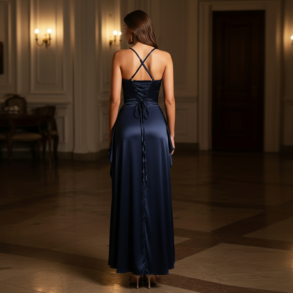 Women’s Evening Maxi Dress Navy Blue Spaghetti Strap High Slit