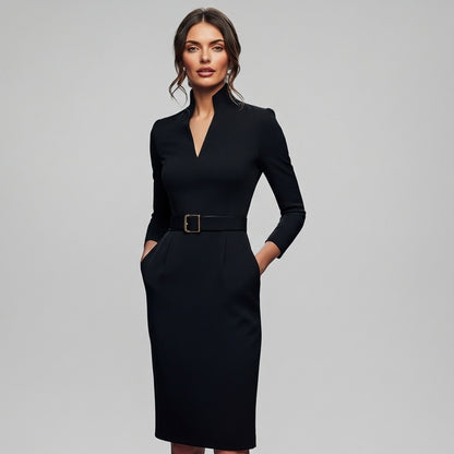 Women’s Long Sleeve Midi Dress Belted Collar Sheath