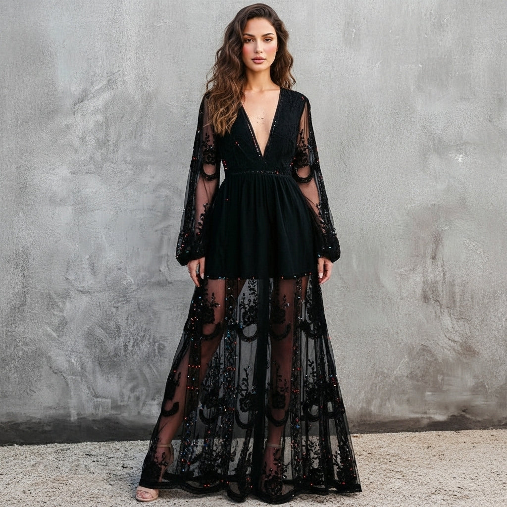 Women’s Lace Maxi Dress Sheer Floral Deep V-Neck